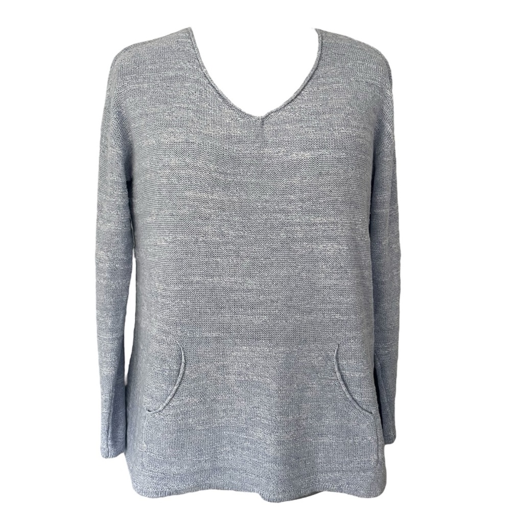 Pure Jill Light Blue long sleeve cotton summer Sweater V-Neck, front pocket Sz M